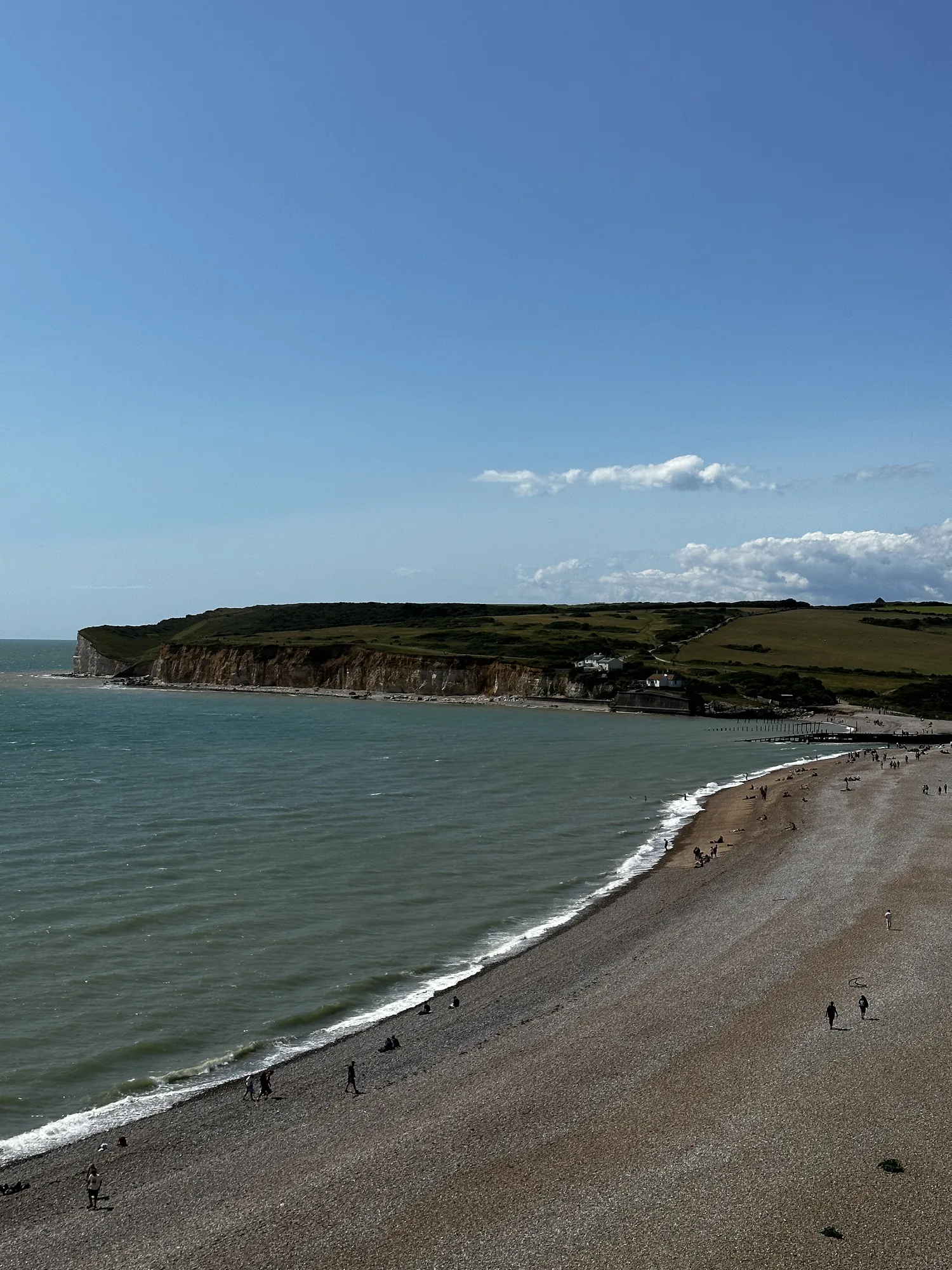 A shingle beach curves beside the sea beneath green downland and pale cliffs on the Sussex coast.