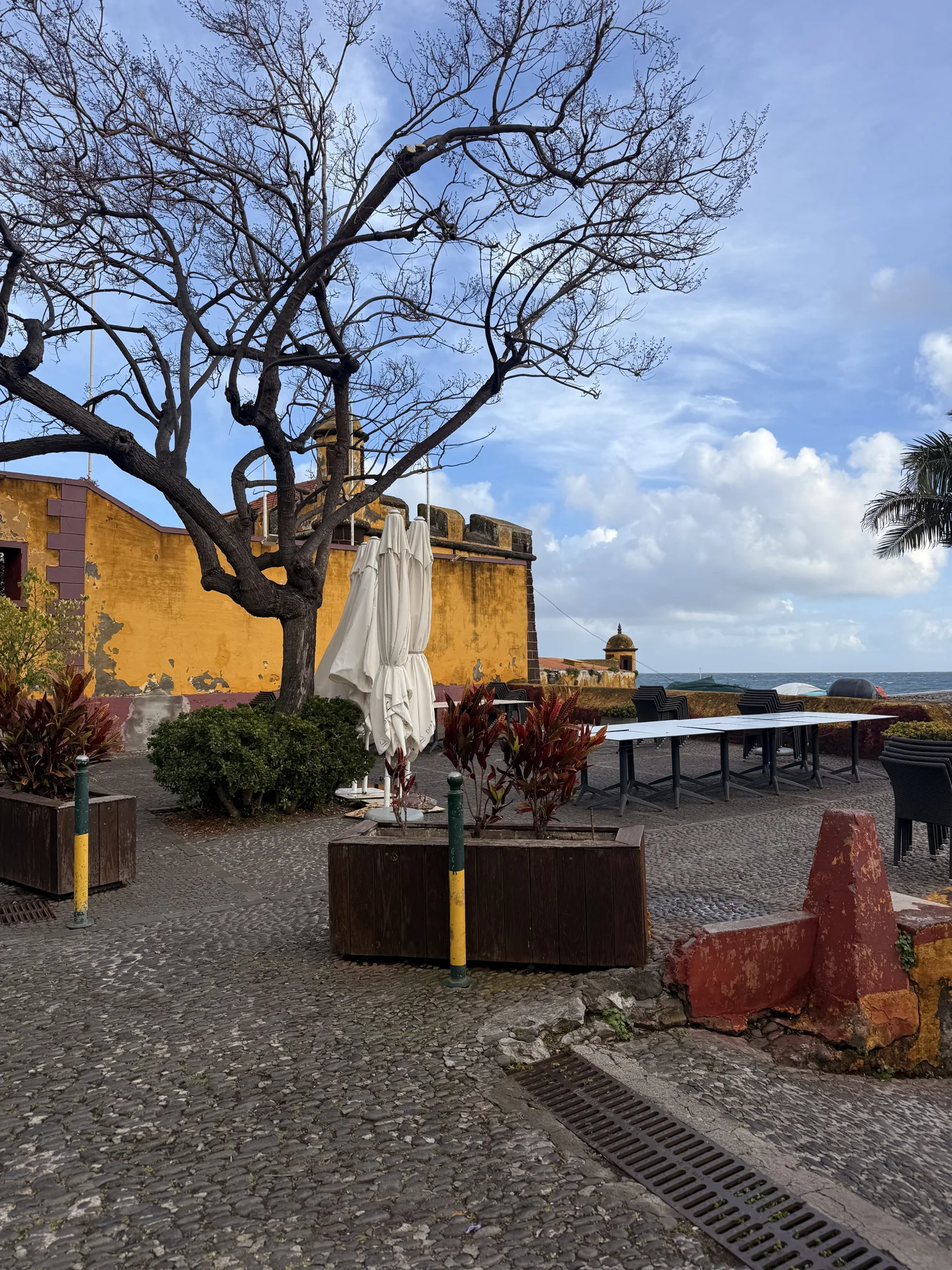 Waterfront square and yellow building beside Câmara de Lobos harbour