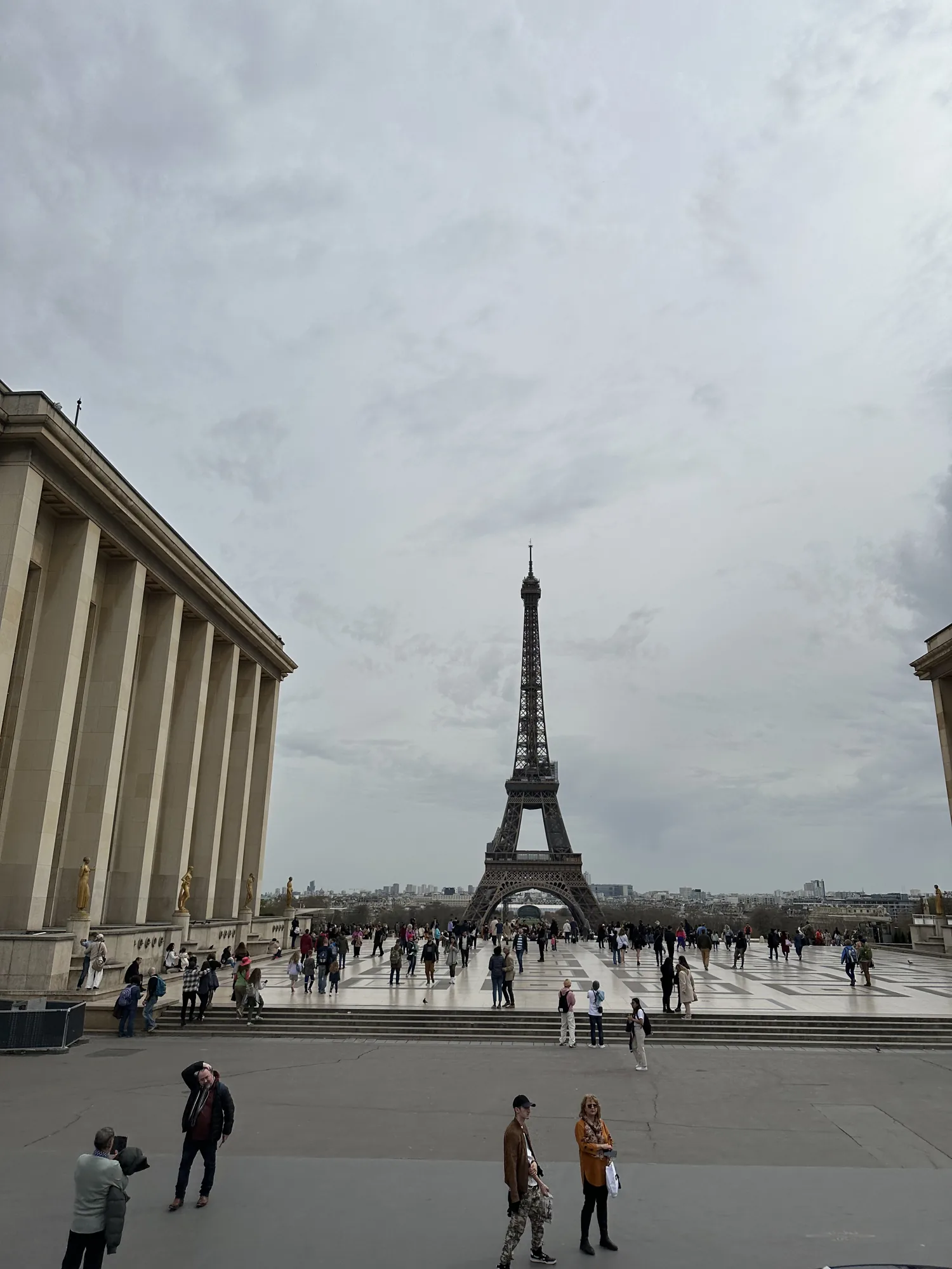 Eiffel Tower seen from the Trocadero esplanade on a cloudy day