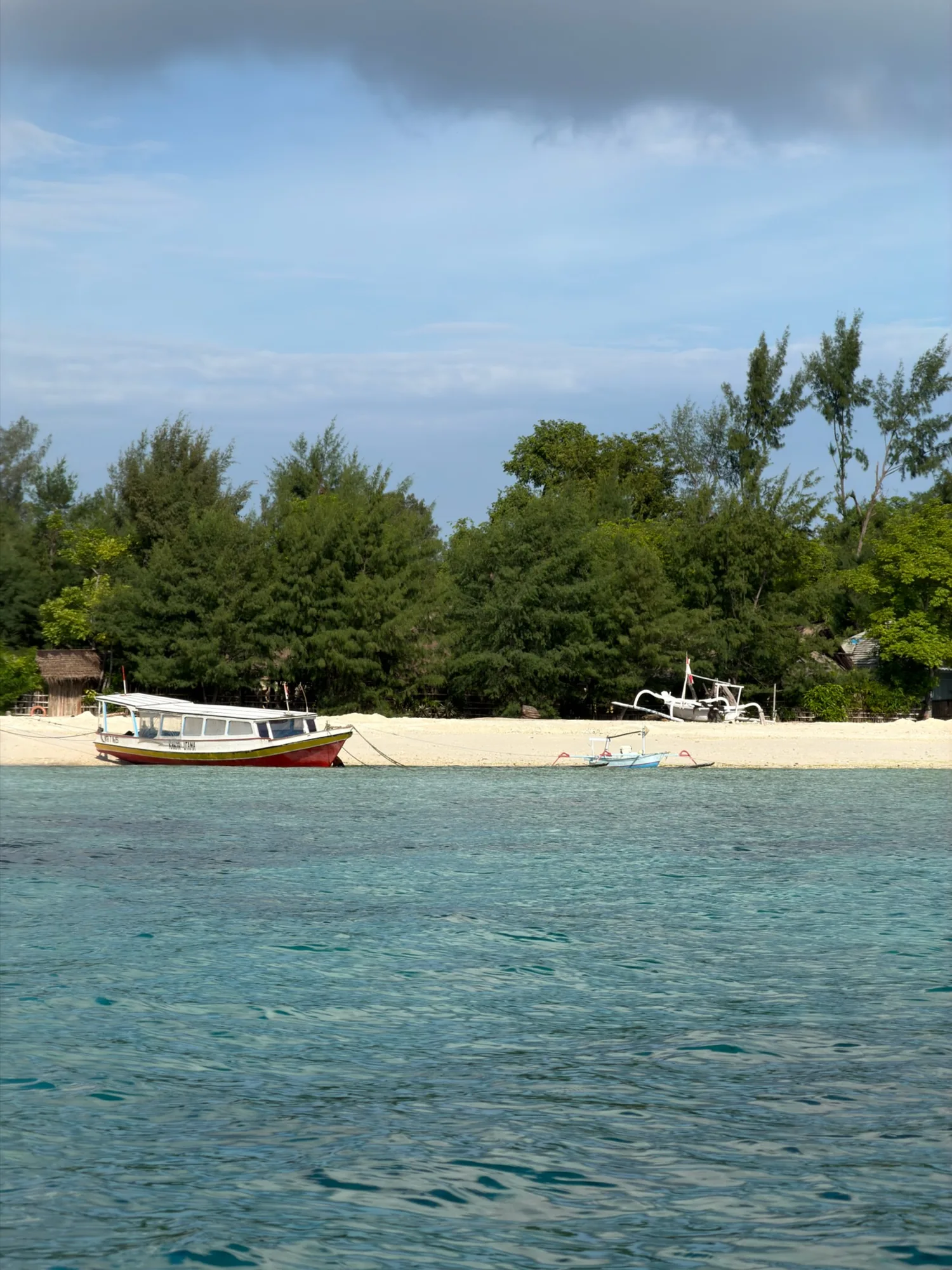 Small boats beside a tree-lined beach in the Gili Islands