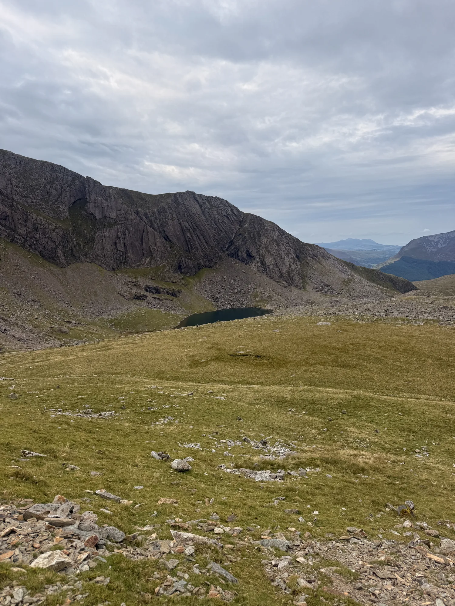 A small mountain lake below grey crags and grass in Eryri.