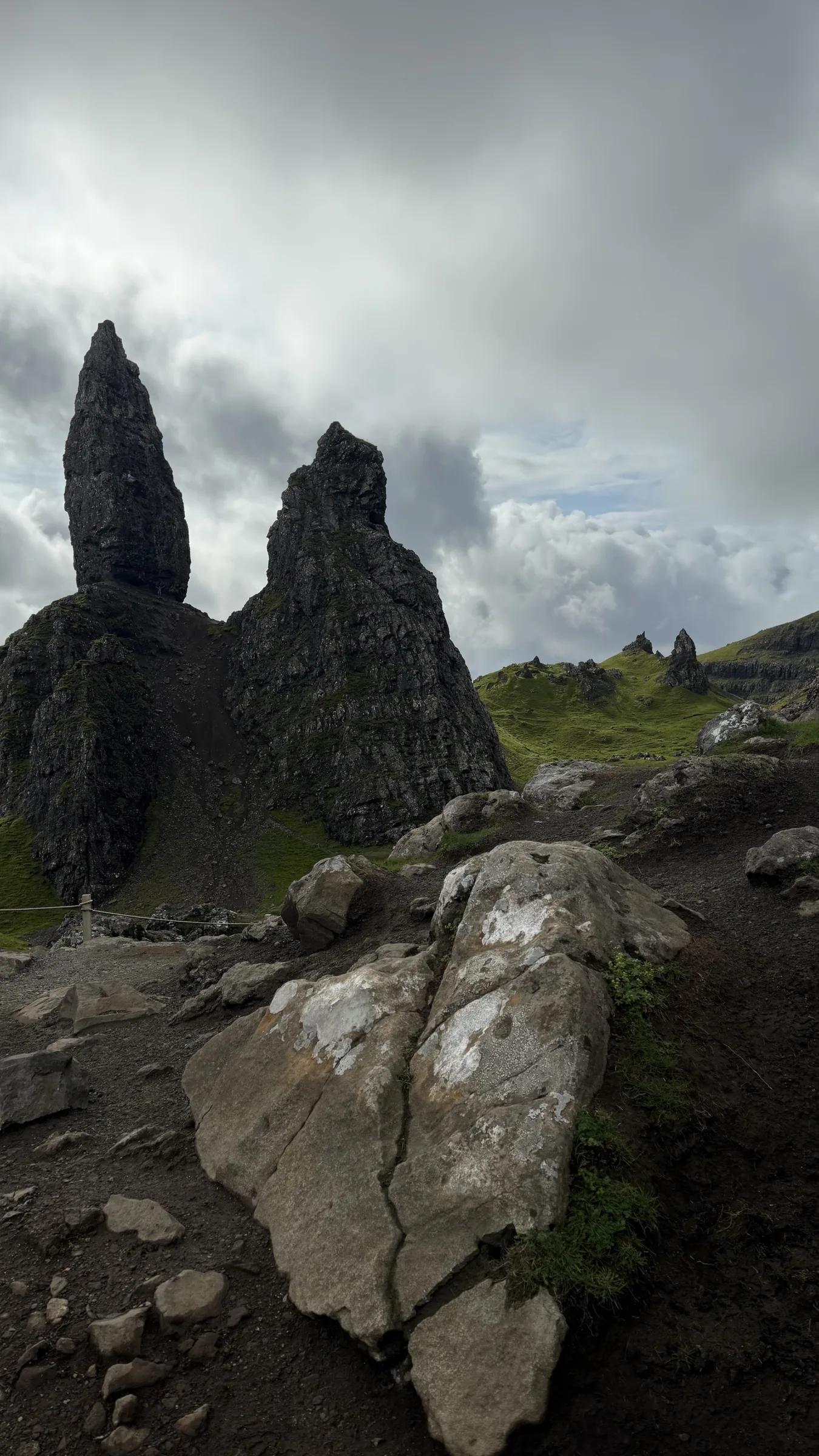 Rock pinnacles and a rough path at the Old Man of Storr on Skye