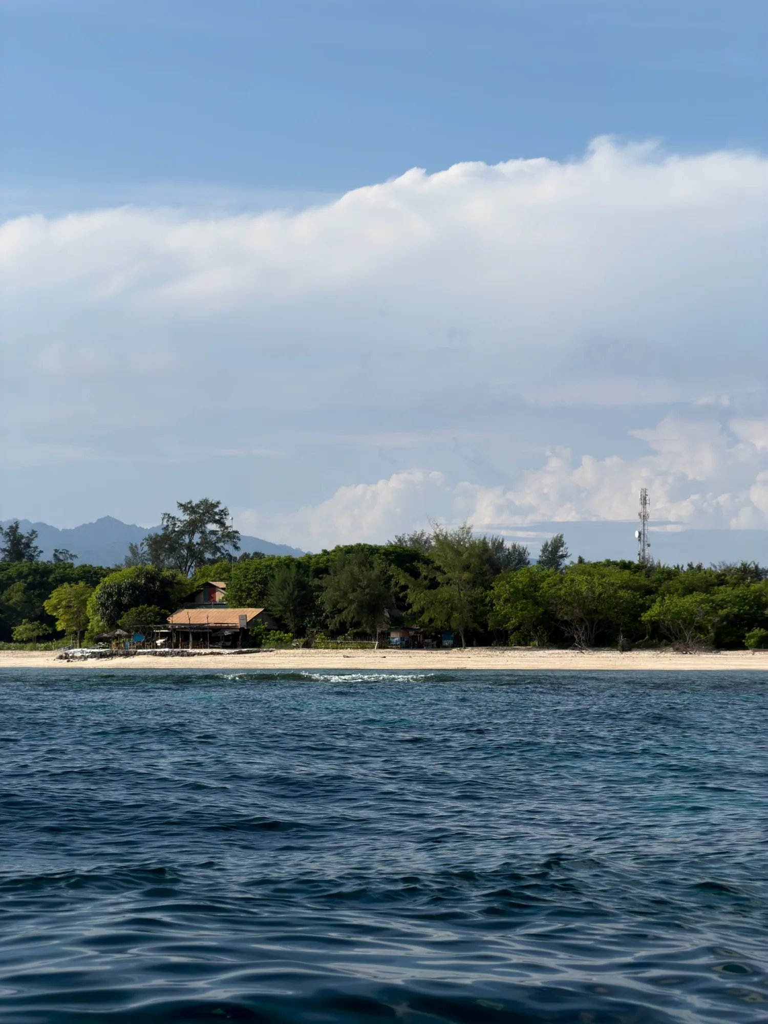 Pale beach, trees and blue water in the Gili Islands